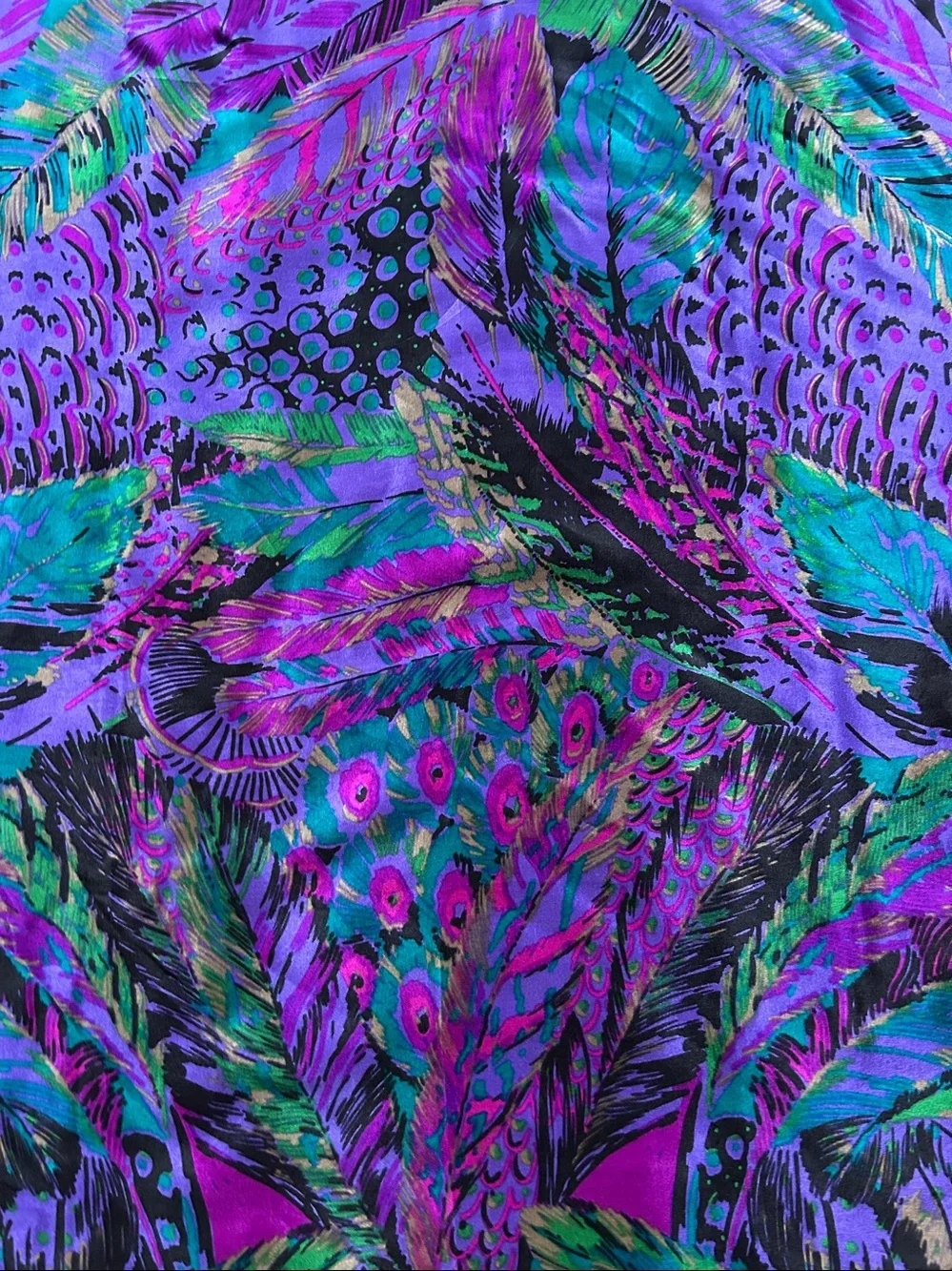 HONEY 100% Silk Scarf Jewel Tones Peacock Feathers  Made in Japan Vintage